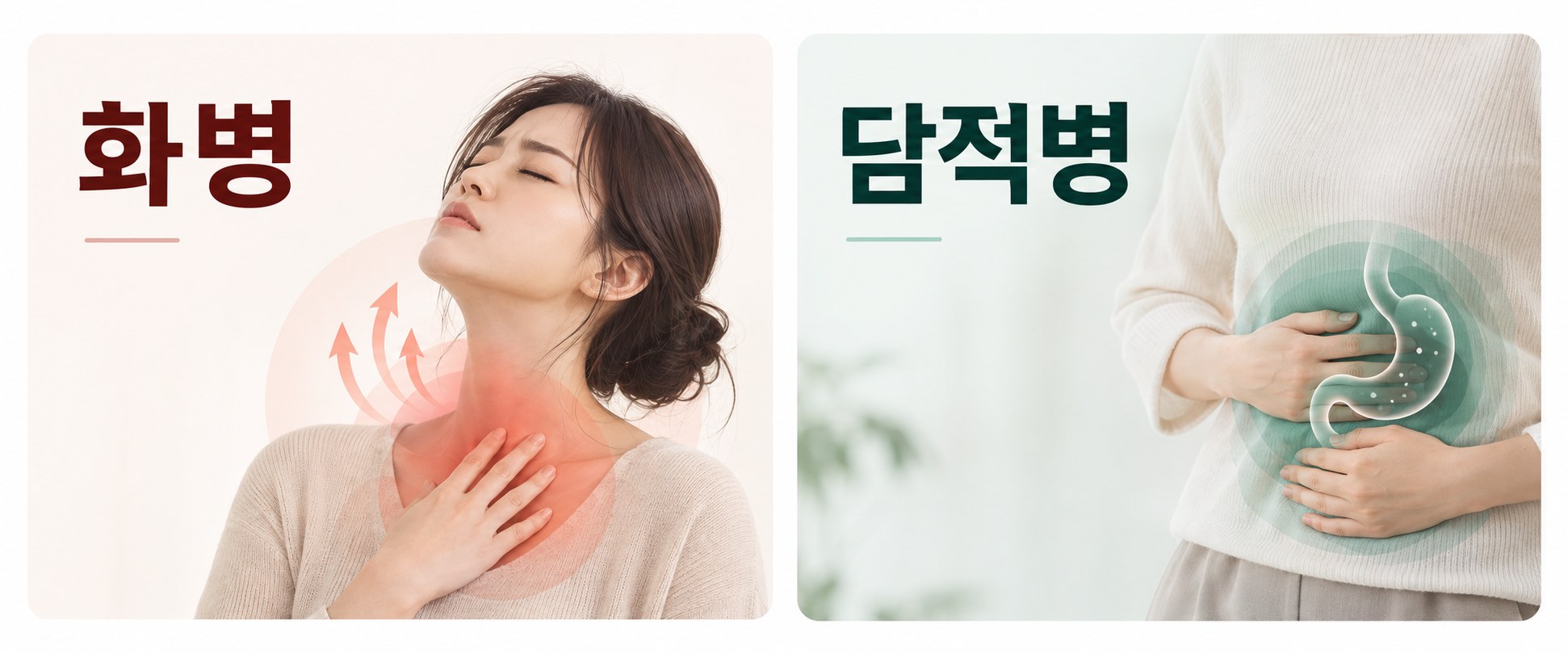 화병(가슴 답답함·열감)과 담적병(만성 소화불량·속쓰림)을 보여주는 이미지