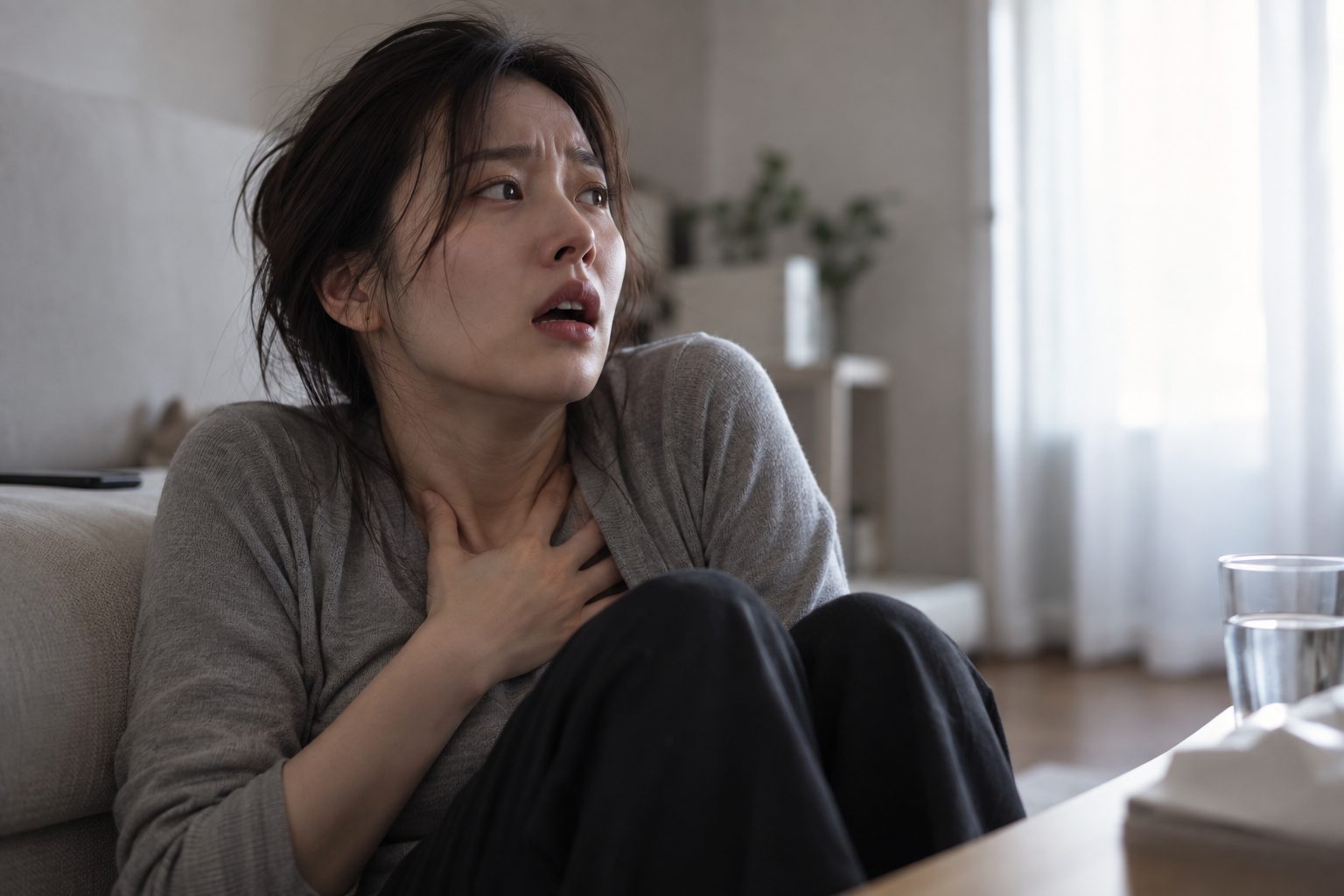 공황장애 - 갑작스러운 호흡곤란과 가슴 답답함을 느끼며 불안해하는 여성